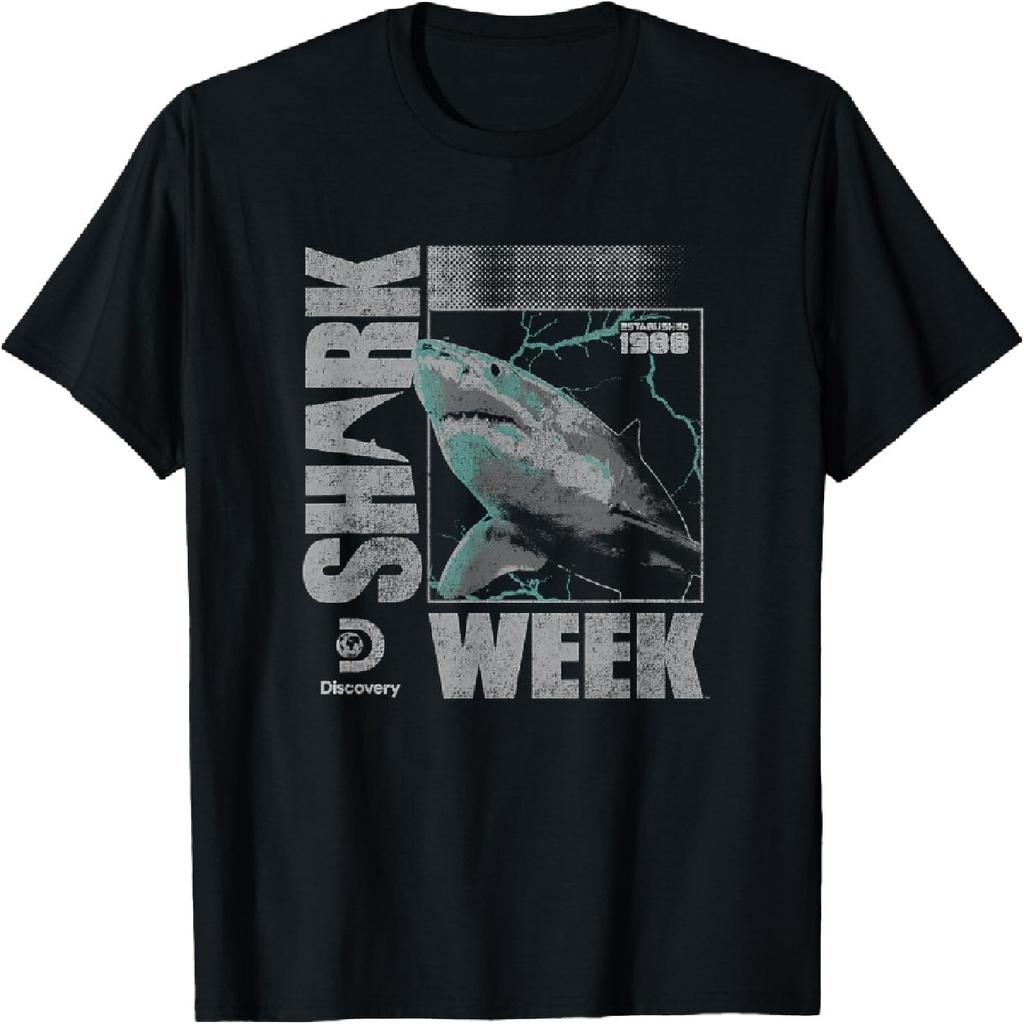 Футболка с логотипом Shark Week Неоновая Молния Глитч Белая Акула Восьмидесятые
