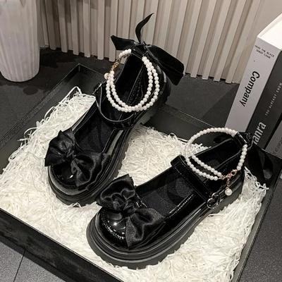 Модные туфли в стиле «лолита» с милым бантом на платформе, женские роскошные туфли Мэри Джейн с пряжкой на щиколотке и жемчугом, женские туфли в академическом стиле Kawaii, обувь для косплея JK