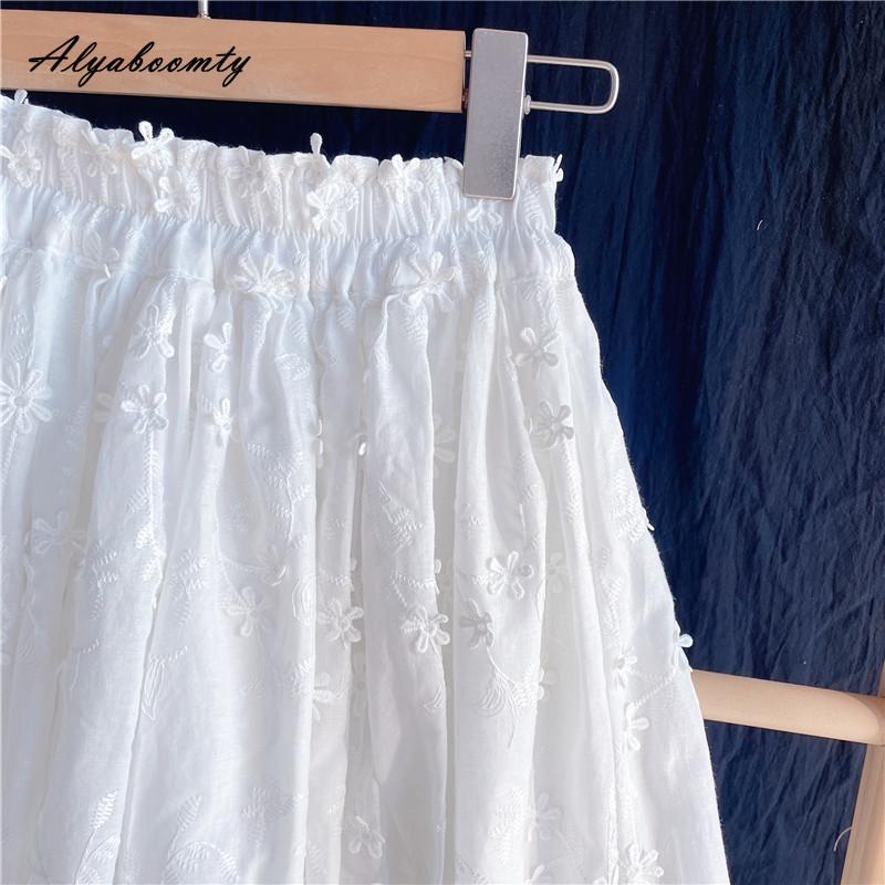Japanese Mori Girl Summer Women White Skirt High Waist Floral Elegant Skirt Cotton Embroidery Feminine Party Fairy Skirt