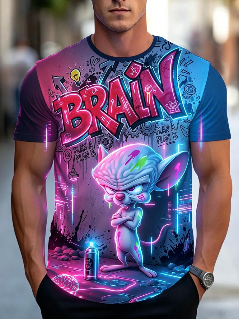 Men's Neon Graffiti T-Shirt with 3 Brain Print & Mouse Graphic - Streetwear Short Sleeve Tee Suitable for Daily Commute, Casual Outfits, Machine