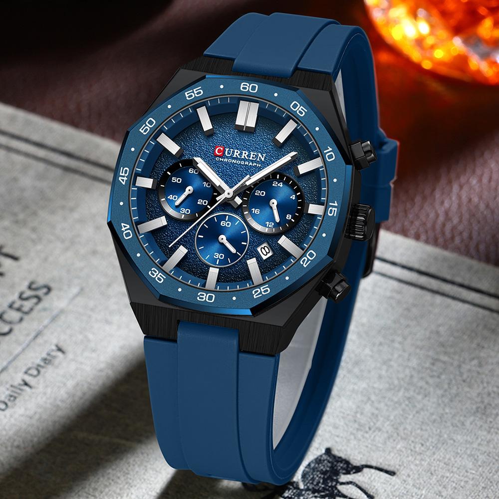 CURREN Мужские спортивные часы-хронограф с черным силиконовым ремешком, автоматической датой, люминесцентными стрелками, кварцевые часы для мужчин