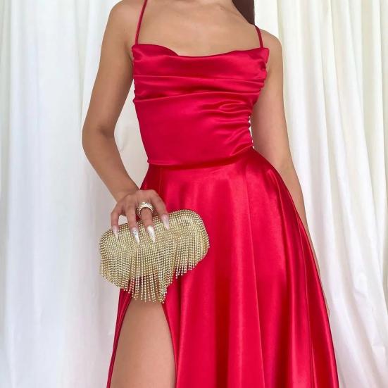 Женское вечернее платье с глубоким вырезом, без воротника, без спинки, без рукавов, платье макси на тонких бретельках, облегающее, с высоким разрезом, однотонное атласное банкетное бальное платье