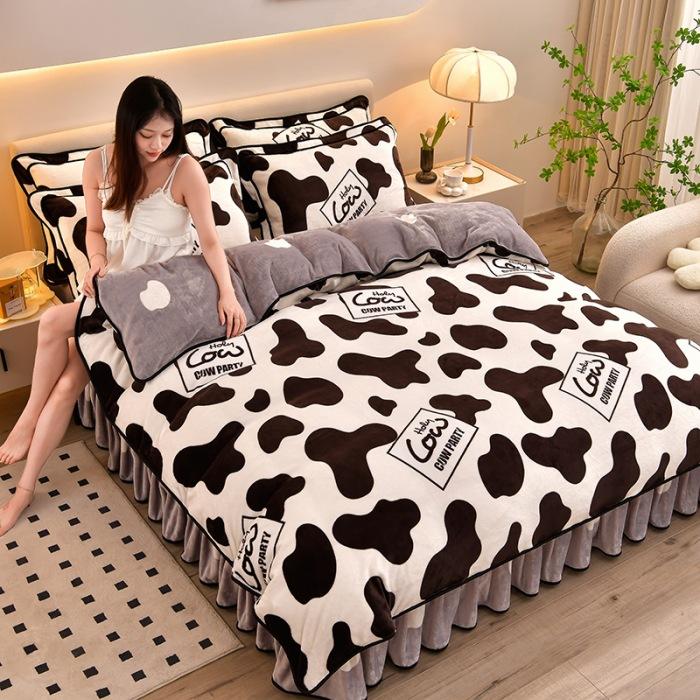 Утолщенный Молочный Флис Четырехпредметный Пододеяльник из Кораллового Флиса, Флисовая Простыня, Двустороннее Флисовое Фланелевое Постельное Белье, Юбка для Кровати