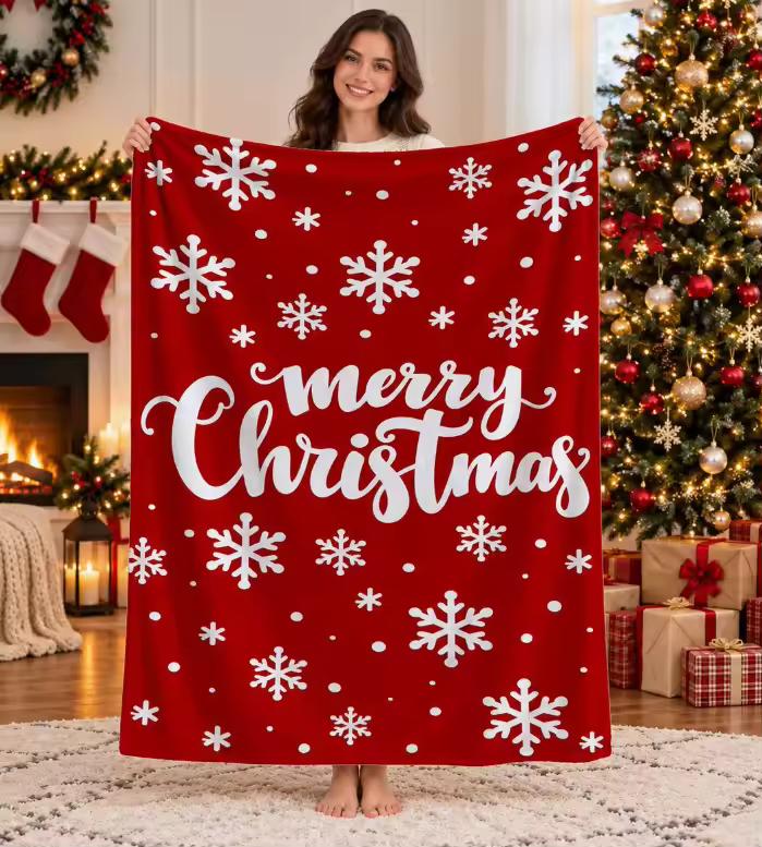 Red Merry Christmas Flannel Throw Blanket White Snowflake Soft Warm Blanket Xmas Holiday Home Decor Sofa Couch Bed Winter Gift