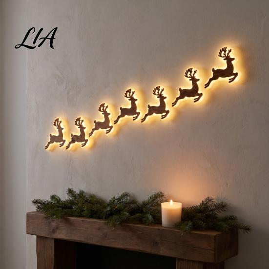 Christmas Wall Decorations for Home 7Pcs Glowing Wooden Silhouette Lights, LED Xmas Decor, Reindeer Decals Santa Tree Gingerbread Snowflake Ornaments