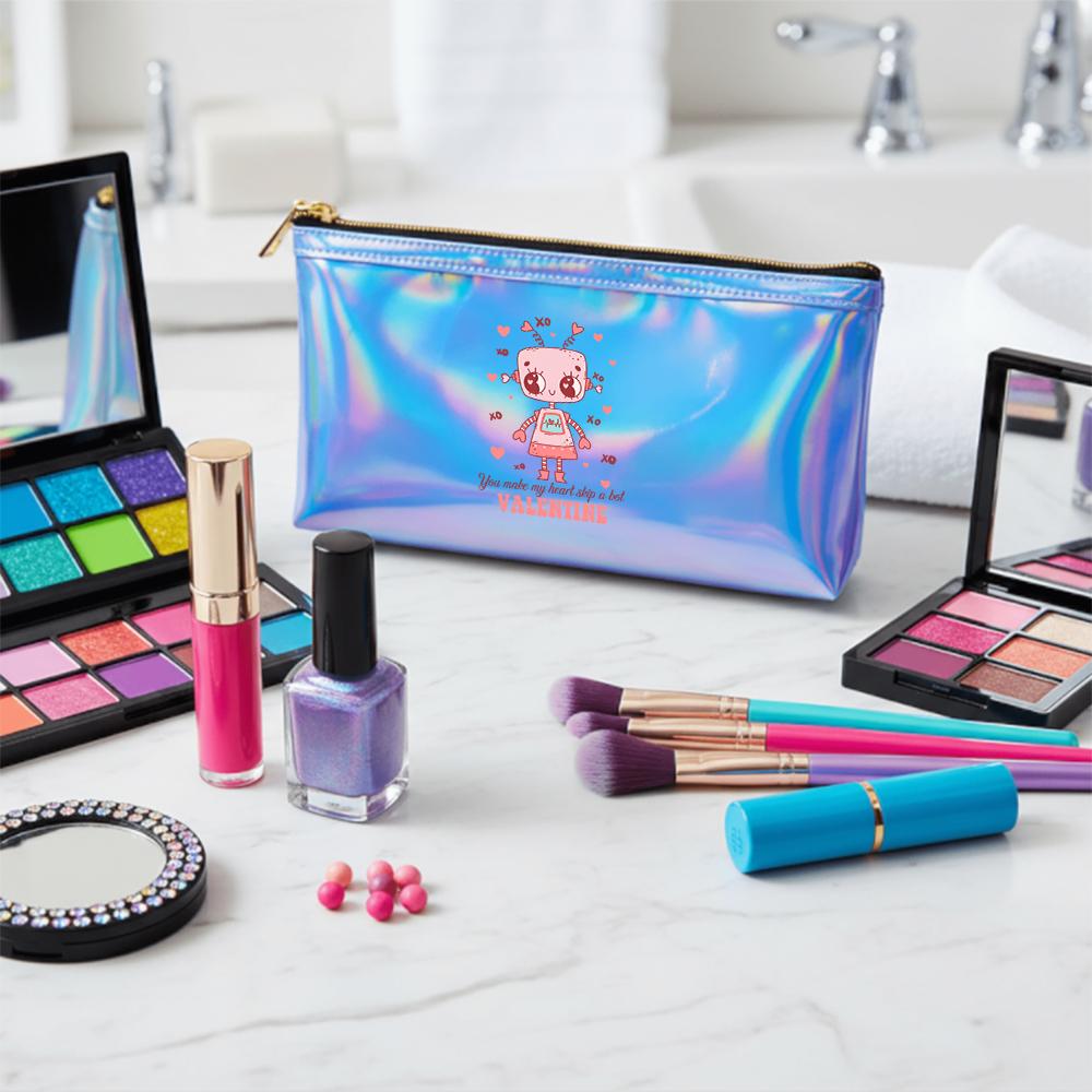 Cute Kawaii Robot and Heart Print Laser Cosmetic Makeup Bag, Holographic Iridescent Travel Toiletry Pouch for Women Girls Birthday Gift