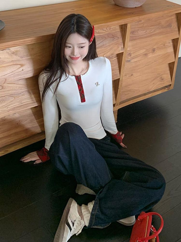 Корейские дизайнерские клетчатые футболки женские осенне-зимние лоскутные футболки с длинным рукавом винтажные топы с круглым вырезом в стиле 2000-х годов