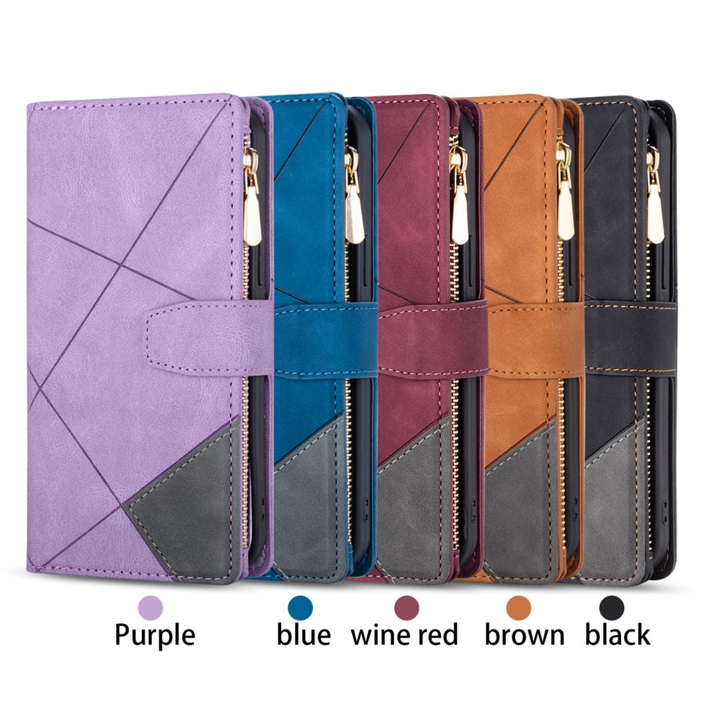 Suitable for Samsung S21 mobile phone leather case iPhone14 contrasting color multi-card zipper wallet S23plus hand strap