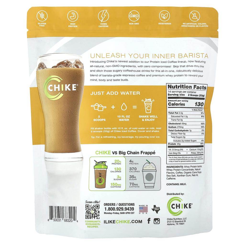 Chike Nutrition Протеиновый холодный кофе, ванильный латте, 16,3 унции (462 г)