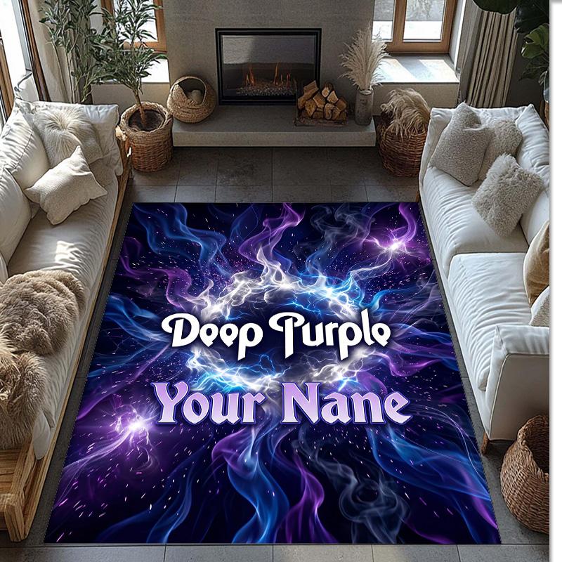 Deep Purple Crystal Velvet Rug, Custom Name Text Personalized Non‑Slip Floor Mat for Home Decor Gift