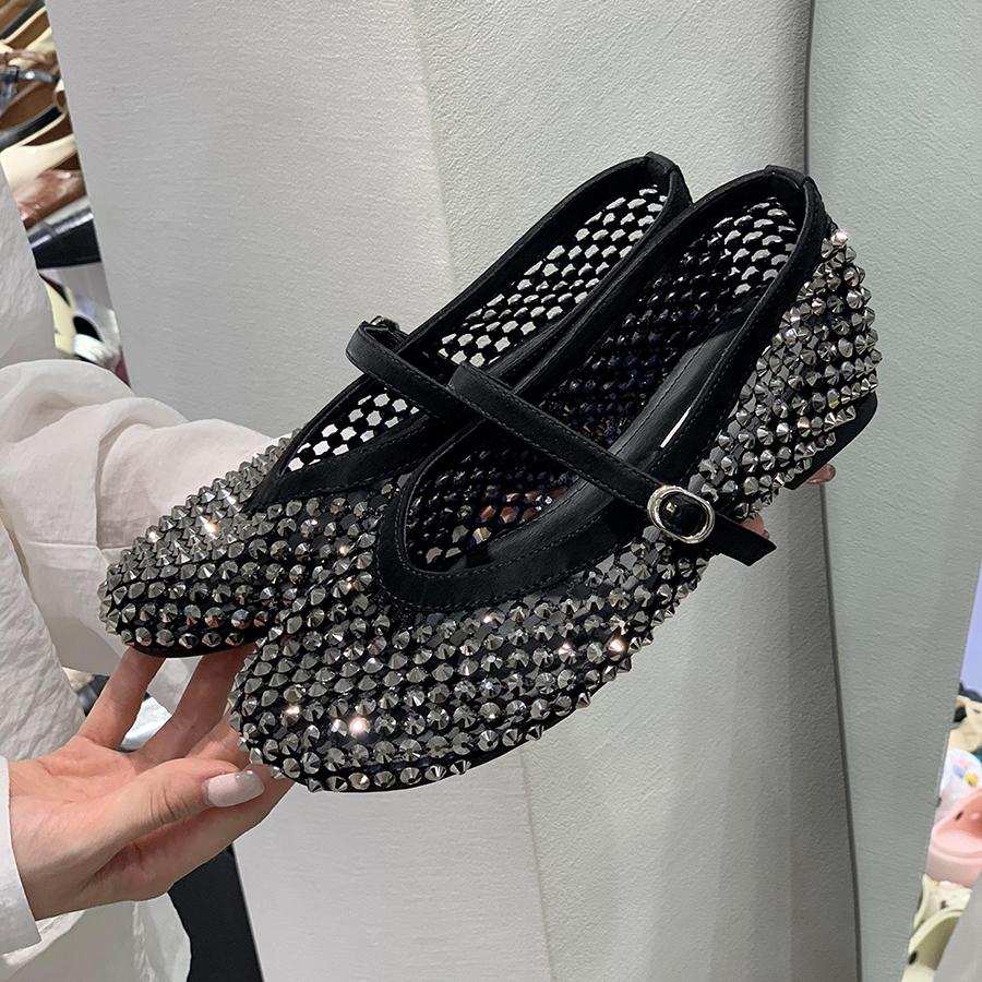 Модные Роскошные Хрустальные Стразы Сетка Балетки Женские Дизайнерские Туфли Мэри Джейн с Клепками и Сеткой Летние Ажурные Лоферы для Женщин