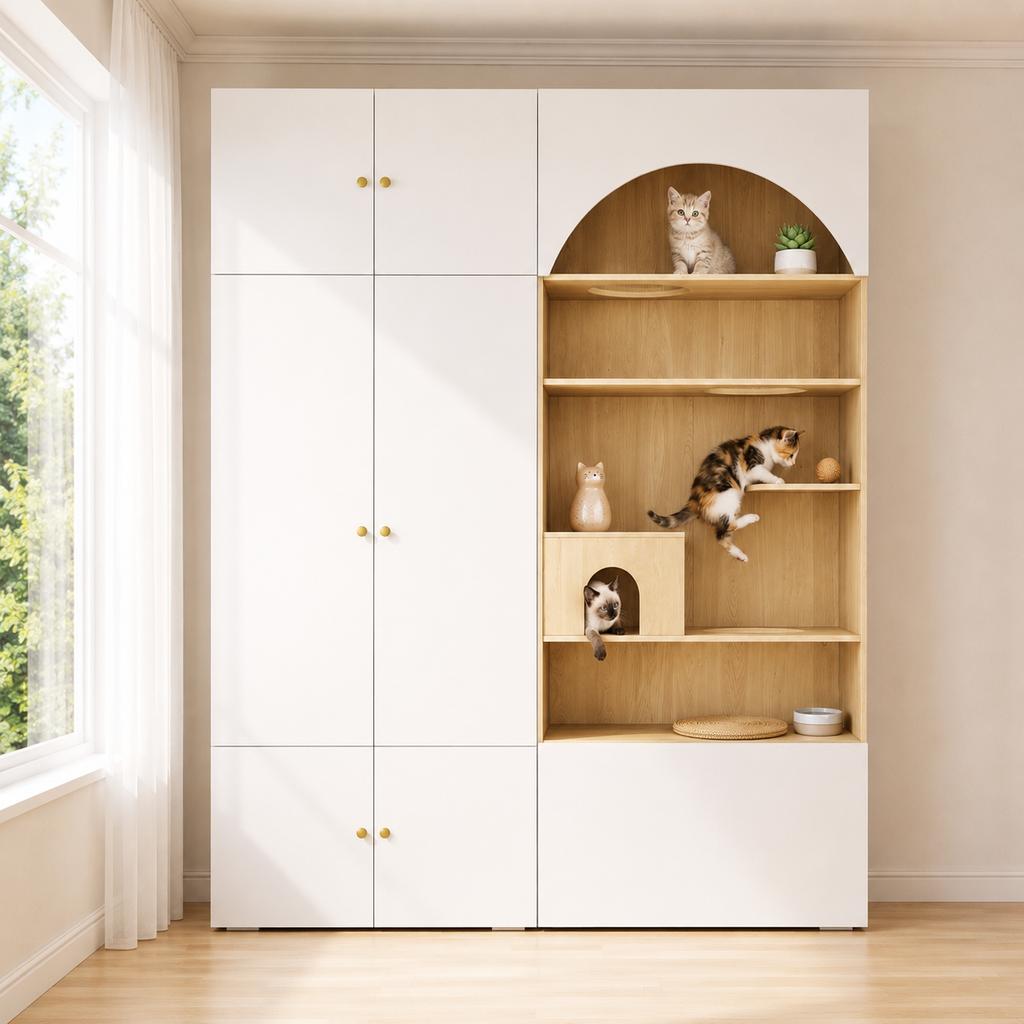 Hallway wardrobe set, pet cabinet, 180 x 50 x 200 cm, with 1 clothes rail and cat climbing wall, for bedroom, living room and hallway, white+wood look