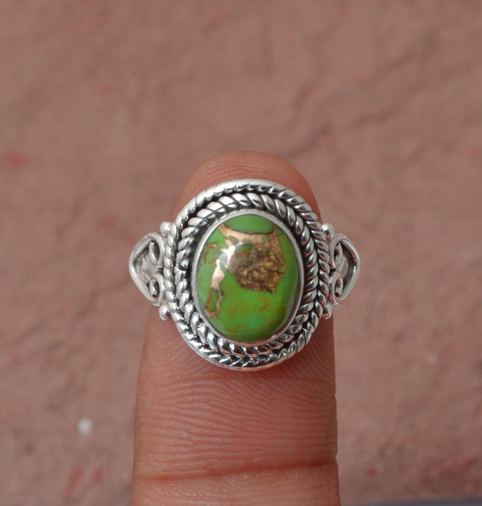 Green Copper Turquoise Lab Created Gemstone Ring, 925 Sterling Silver Ring, Bohemian Ring, Gift For Her, Fashion Jewelry