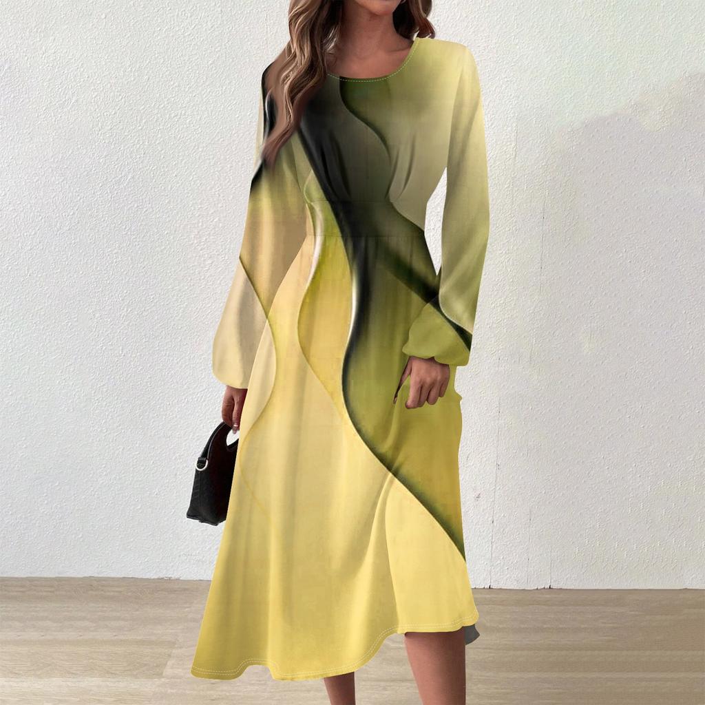 Женское осенне-зимнее повседневное модное платье с круглым вырезом и длинным рукавом с принтом