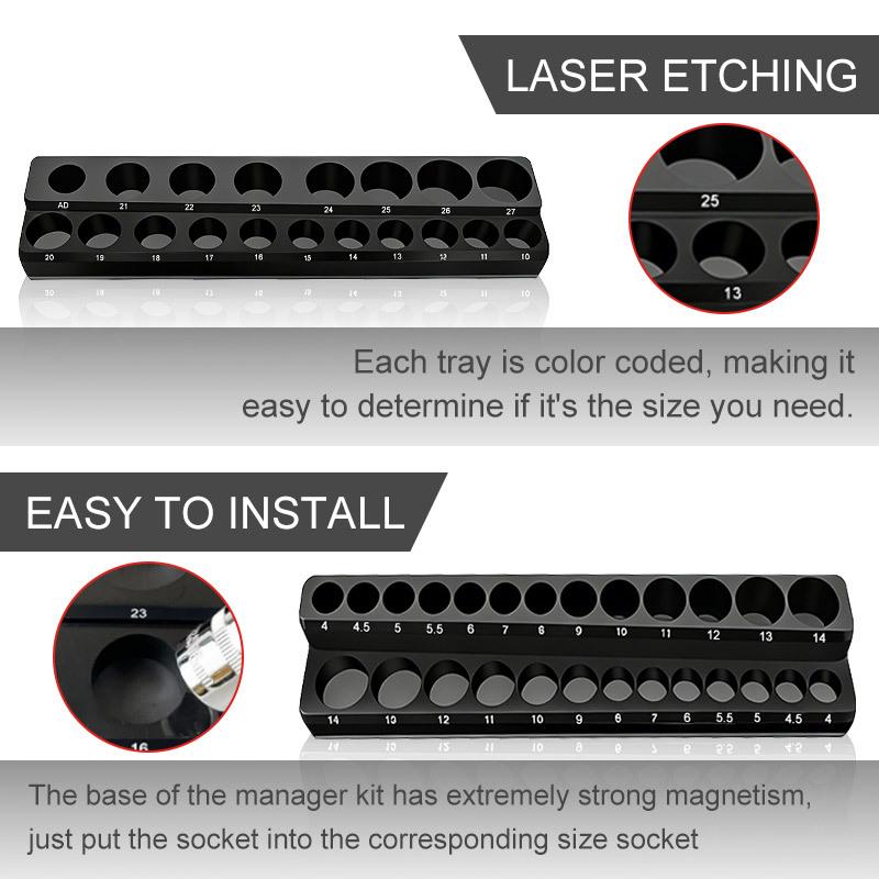 Magnetic Metric Socket Organizer Set 4-27mm Storage Tray Double-Row Tool Holder for 1/4 3/8 1/2 Drive Sockets Marine Boat Repair