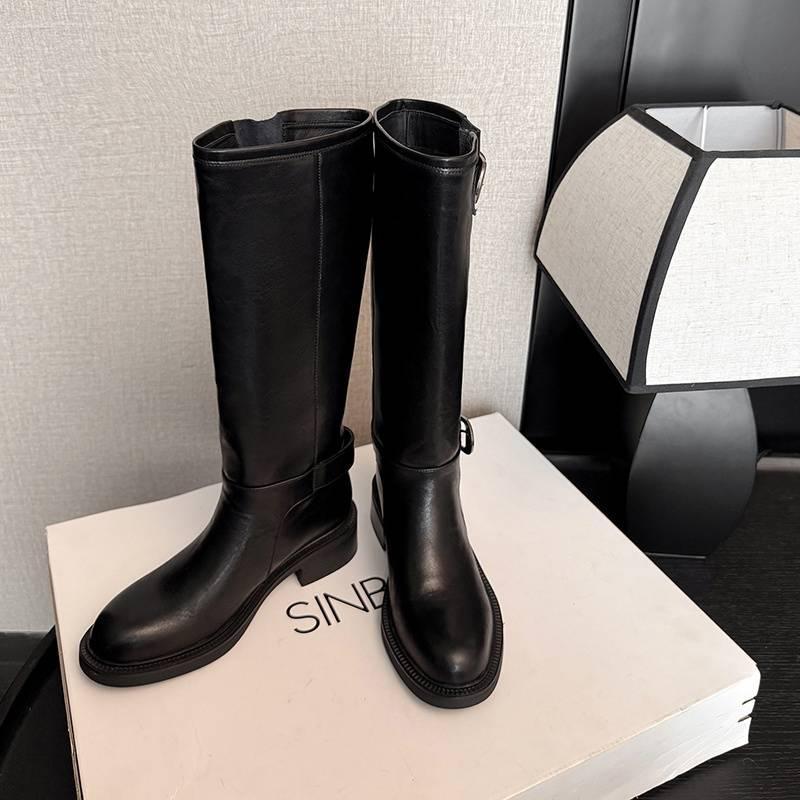 Новые женские кожаные ботинки круглый носок универсальные большого размера женские ботинки средний каблук круглый носок резиновая платформа высокие ботинки кожаные ботинки-рыцари