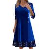 Fall Winter Women Dress Shiny Sequin Patchwork V Neck A-line Big Swing Long Sleeve Button Decor Solid Color Soft Warm Mid-calf Length Lady Midi Dress