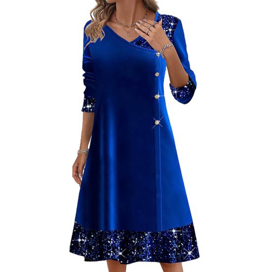 Fall Winter Women Dress Shiny Sequin Patchwork V Neck A-line Big Swing Long Sleeve Button Decor Solid Color Soft Warm Mid-calf Length Lady Midi Dress
