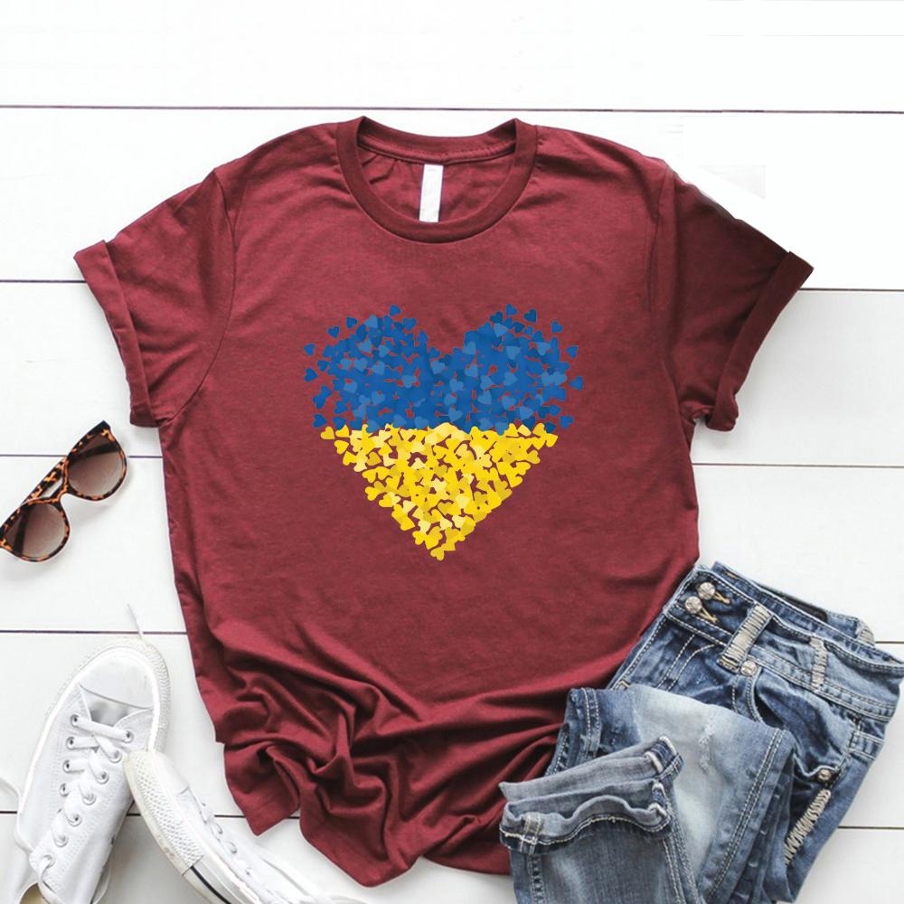Футболка с флагом Украины Футболки с рисунком сердца Украины Женские футболки с коротким рукавом и круглым вырезом Футболки с надписью «Любовь и мир» Женская одежда