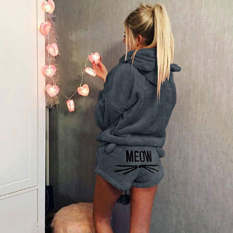 Женская мода Однотонный Теплый Зимний Пижамный Комплект из Двух Предметов Милая Пижама с Кошкой Худи Домашняя Одежда Большой Размер S-5XL
