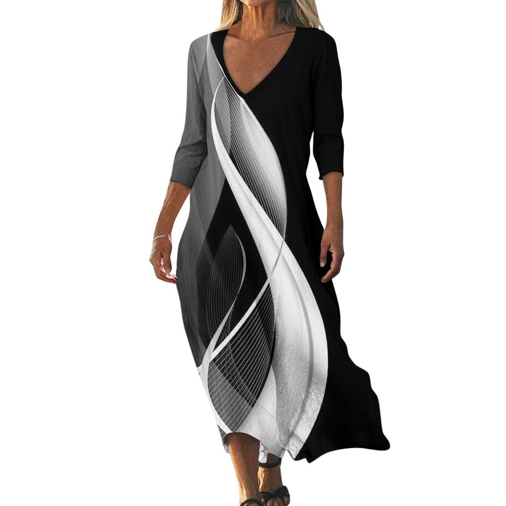 Платья для женщин Винтажный принт Туника с завышенной талией Миди-платье Летнее повседневное Платье с рукавом 3/4