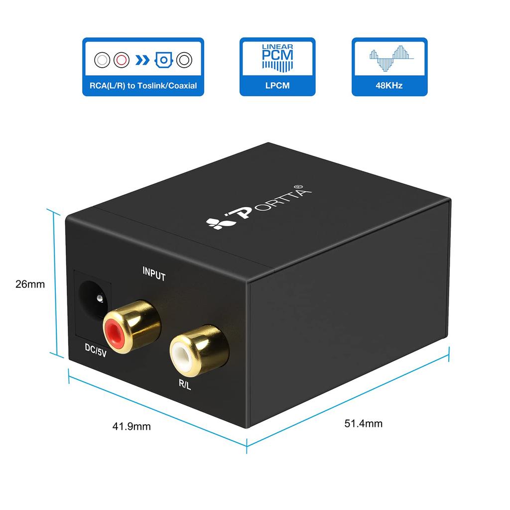 Portta Analog to Digital Audio Converter to Digital Converts stereo analog signals to digital ADC Converter (Analog Converter) R/L S/PDIF (optical &