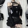 AltGoth Mall Gothic Sexy T-shirt Women Streetwear Harajuku Y2k E-girl Mesh Patchwork Hollow Out Long Sleeve Halter Crop Tee Tops
