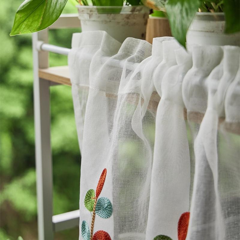 1pc Colorful Leaf Embroidered Sheer Curtain Valance with Pom Pom Trim - Short Rod Pocket Kitchen Cafe Window Curtain