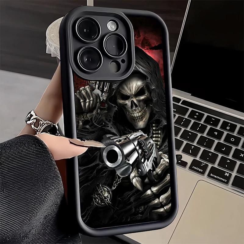 Чехол для телефона iPhone 17 Air 16E 15 16 Pro Max Череп Жнеца Скелет Пистолет Чехол 14 Plus 13 12 Mini Мягкий Силиконовый Fundas