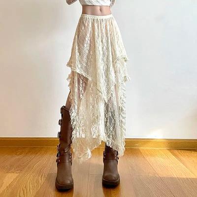 Кружевная асимметричная юбка Fairycore, женская винтажная Y2K Boho, эстетичная модная юбка средней длины с высокой талией, женские праздничные наряды