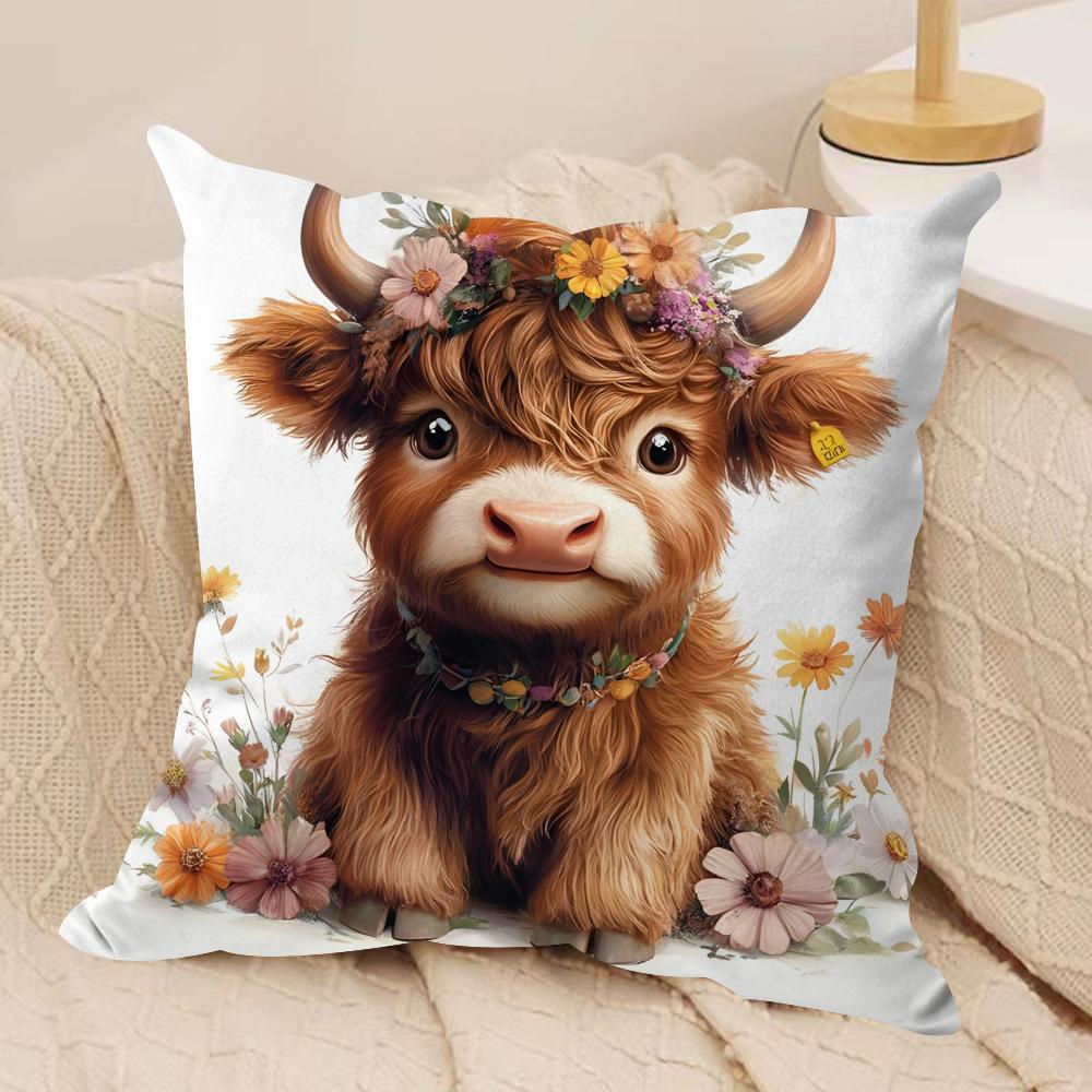Highland cow and flower Cushion Cover Soft Plush Fabric DoubleSided Printed Cushion Covers for All Seasons Home Decor