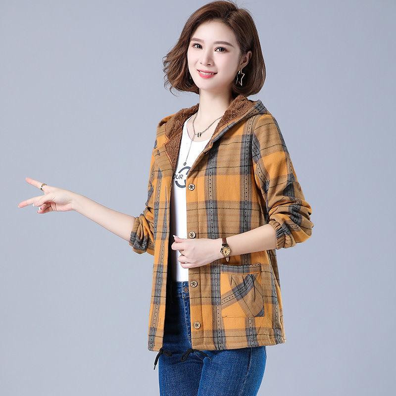 Осенне-зимний женский укороченный кардиган больших размеров с капюшоном, пальто на пуговицах, клетчатая теплая повседневная куртка