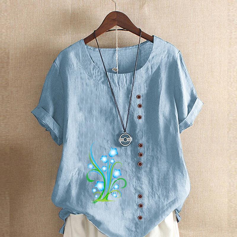 Women's Fashion Flower Prined Round Neck Short Sleeve T-shirt Casual Cotton Linen Graphic Shirt Leisure Loose Summer Blouse Tops Plus Size