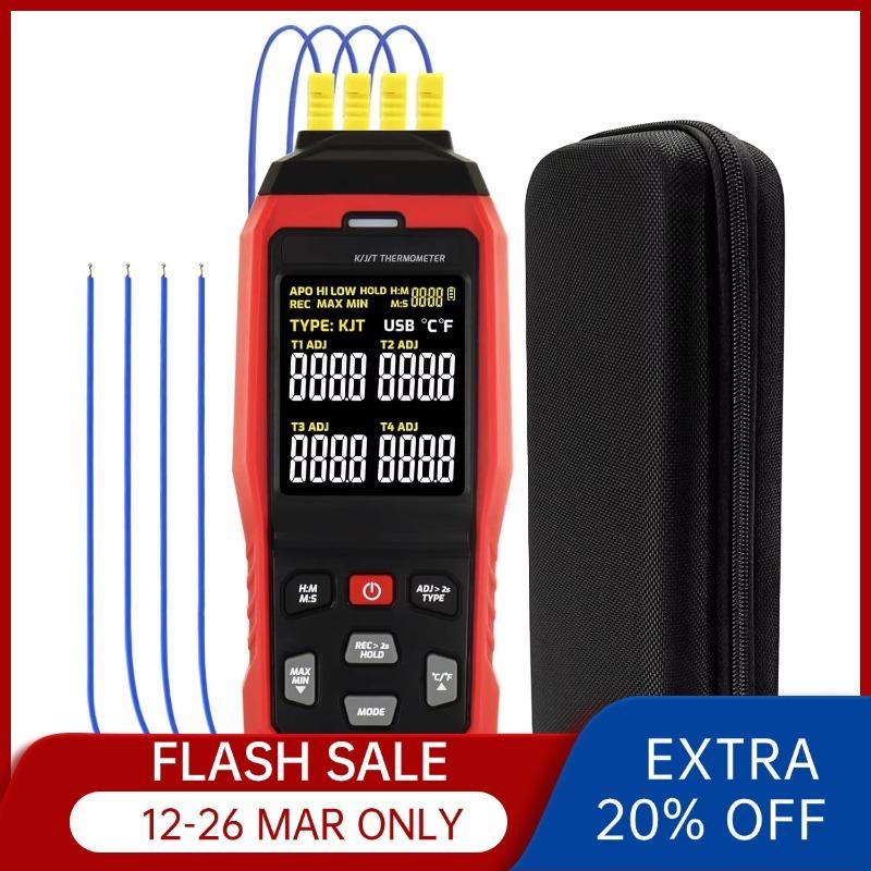 4-Channel K-Type Thermocouple Thermometer, -328 to 2502°F HVAC Thermometer with Color Dual Display, USB Data Export