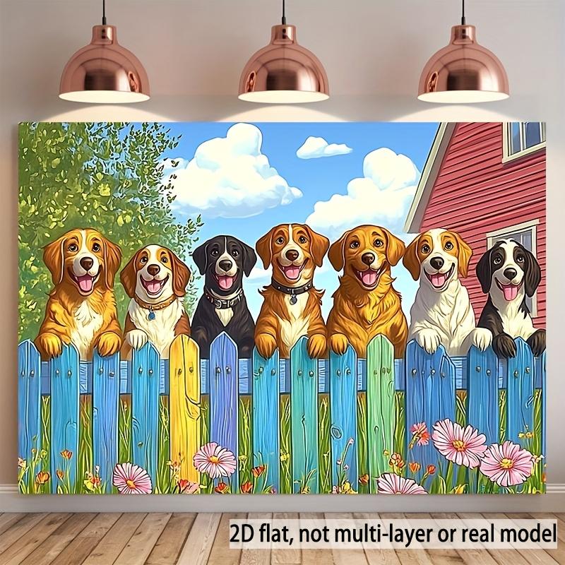 2D flat Cute Dogs Fence Garden Cartoon Tapestry Pet Lover Wall Art Kids Room Decor Playful Animal Background Print