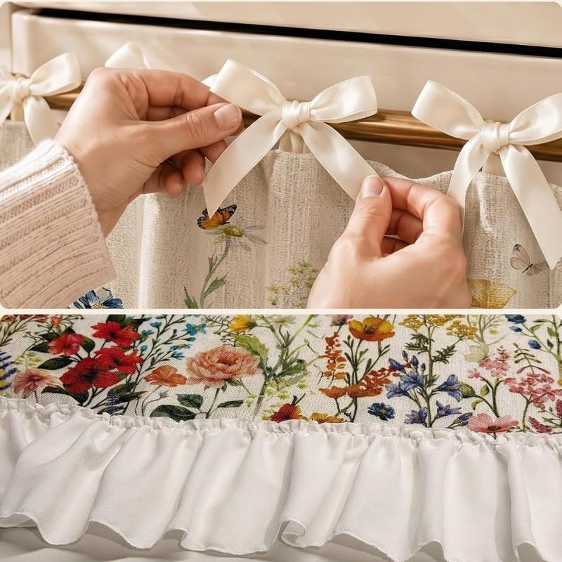 Linen Blend Floral Oven Curtain With Tie-Top Header Rustic Kitchen Decor Stove Dishwasher