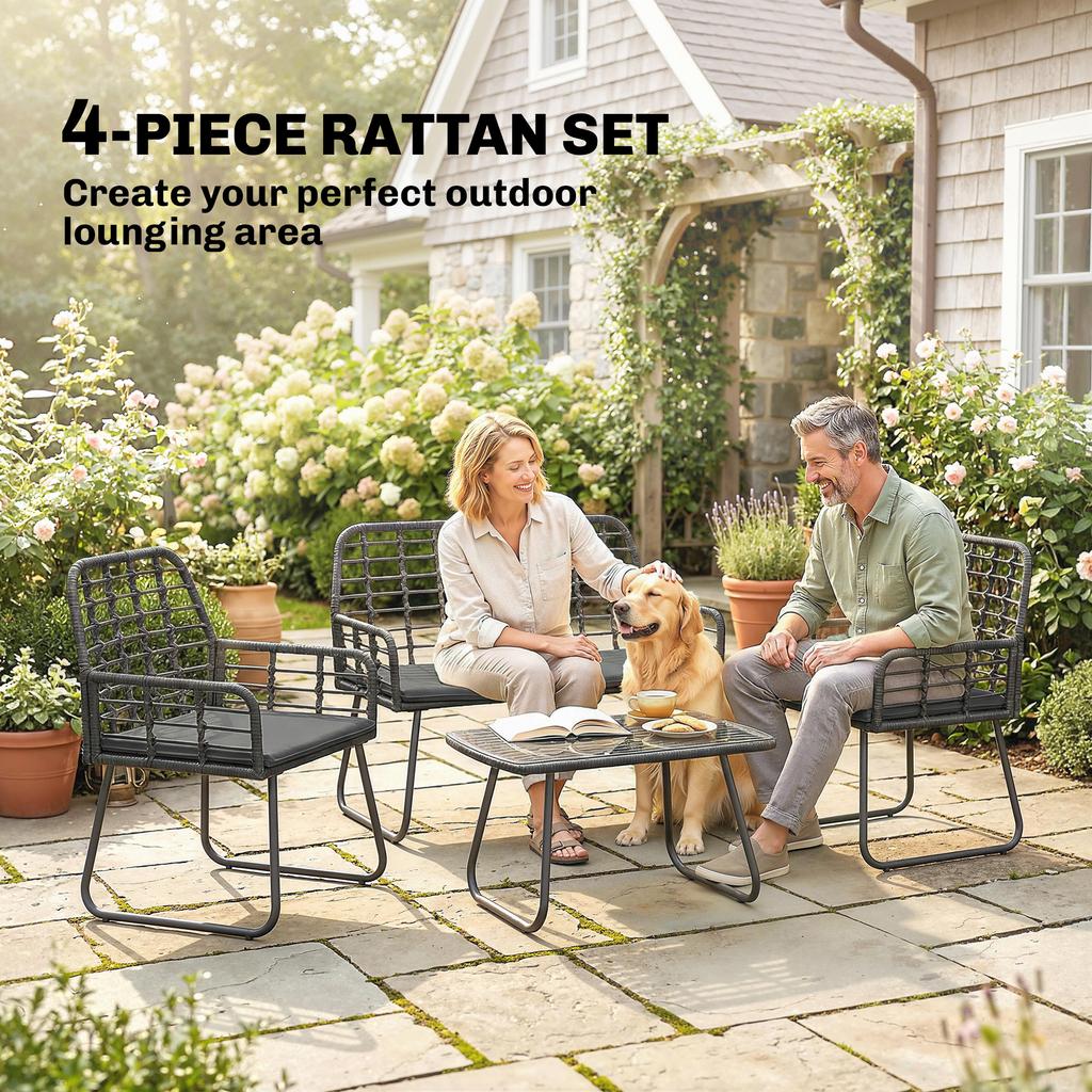 4 Piece Rattan Garden Furniture Set, Outdoor Patio Furniture with Loveseat, Armchairs and Coffee Table
