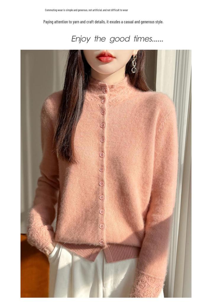 Exquisite Crochet High Neck Velvet Cardigan - Women's Autumn/Winter Warmth, Stylish Loose Fit Sweater Coat