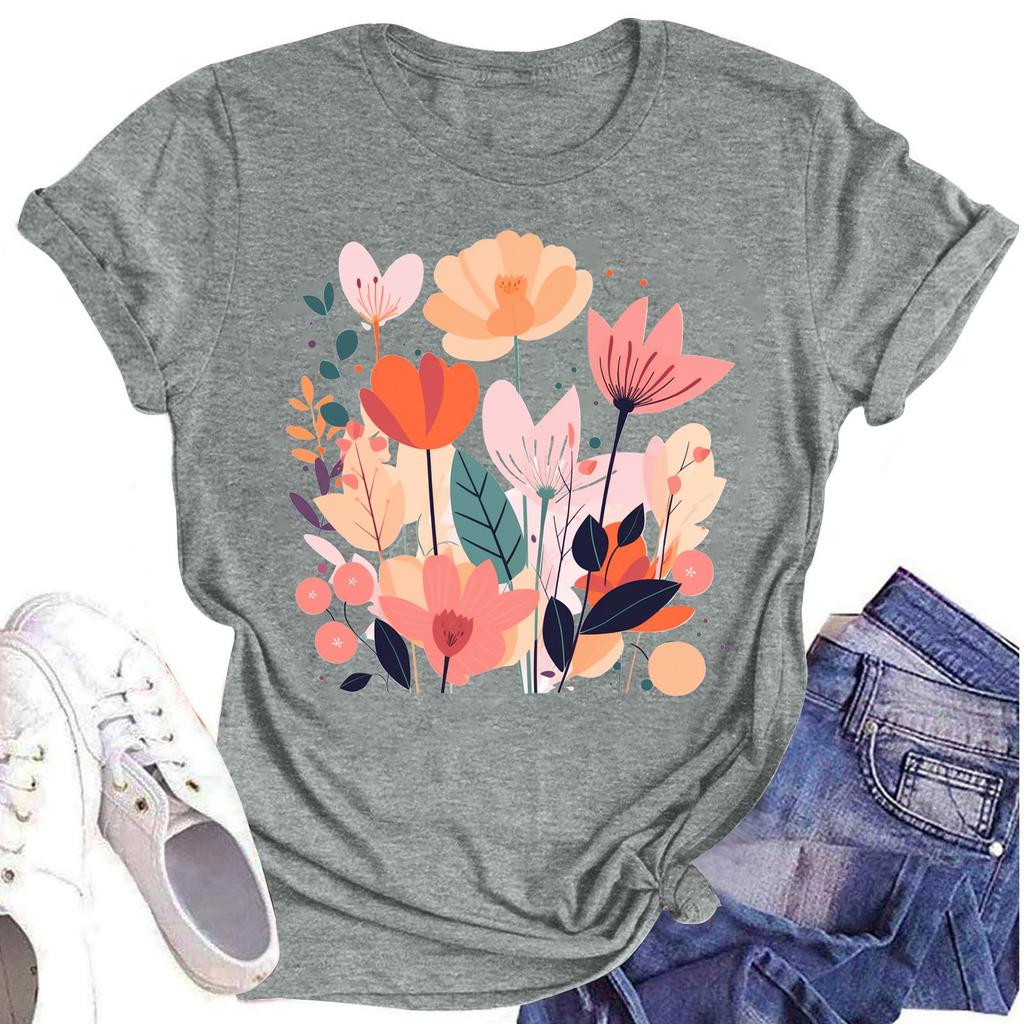 Женская повседневная футболка с круглым вырезом и цветочным принтом, короткий рукав