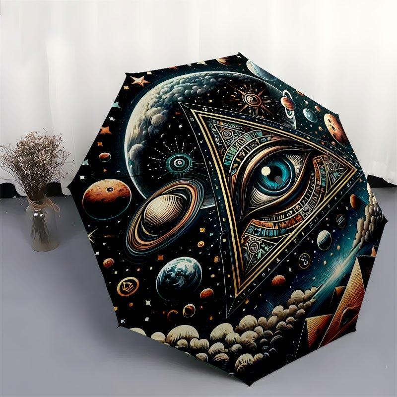 Universal Harmony: Cosmic Eye Pyramid Art PrintUmbrella with Cute Design,Portable 3-Fold Compact Umbrella for Men&Women,Valentine's Day Moth