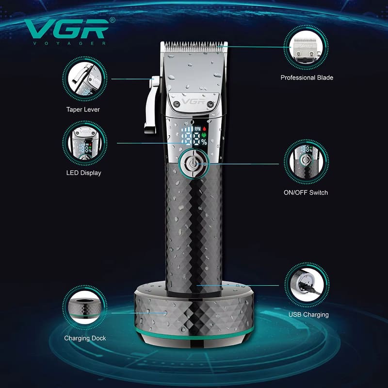 New Men's Professional Hair Clipper with LED Digital Display  IPX7 Washable  Stainless Steel Head  Electric Clipper Base  Rechargeable Shaver