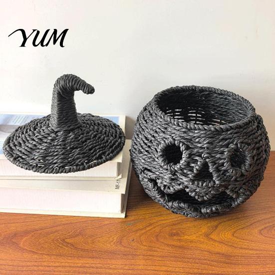 Decorative Storage Basket for Fall Handwoven Pumpkin Lantern, Vintage Rustic Halloween Decor, Hollow Smile Tiered Party Setting Accessories