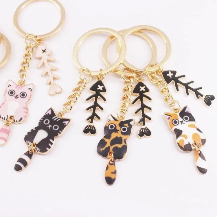 1 Piece Women Exquisite Cat Key Holder Cute Cartoon Kitten Fish Bone Keychain Organizer Portable Fashion Girl Pendant