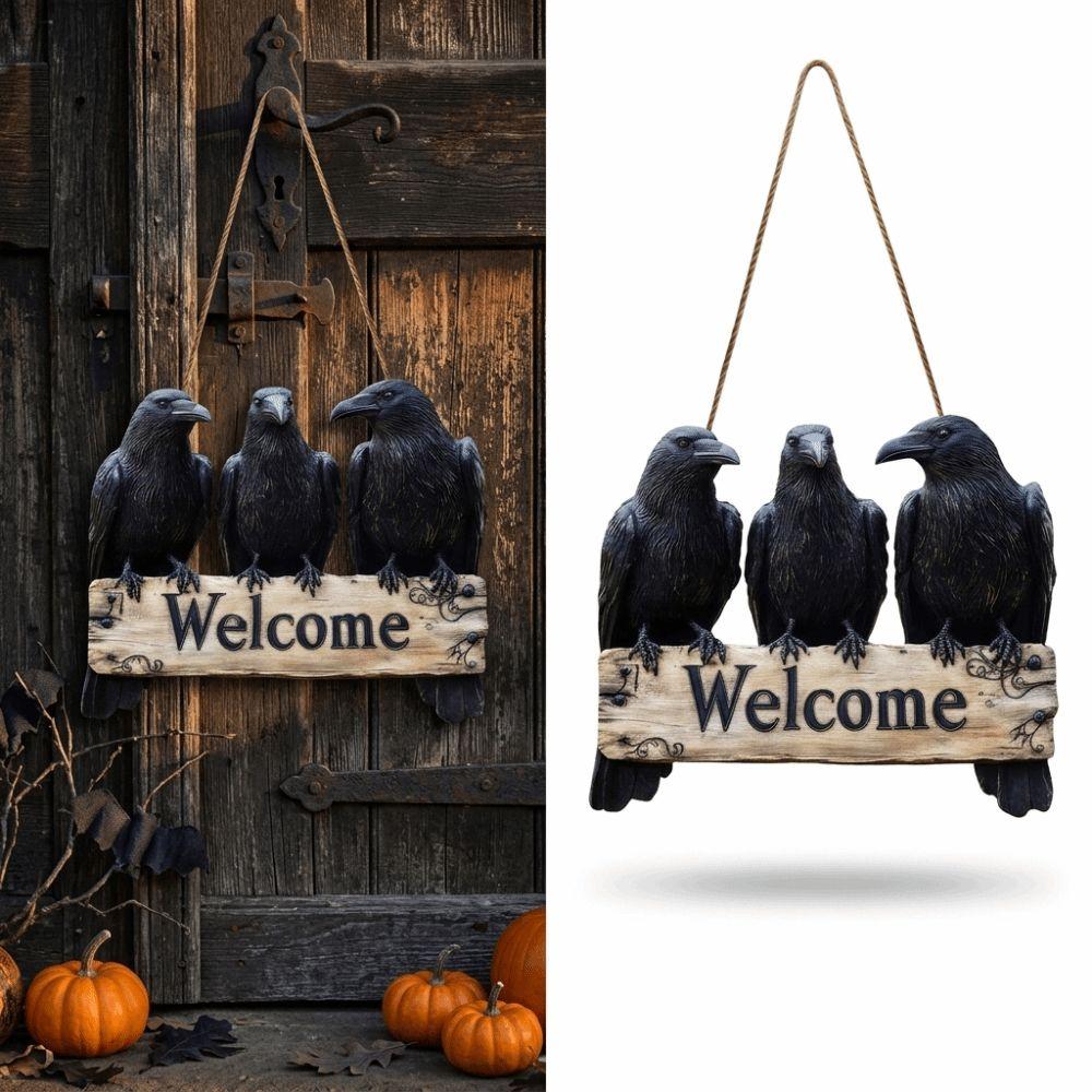 Black Crow Pattern Halloween Door Hanger Wooden Material Wall Hanging Ornament Halloween Decor