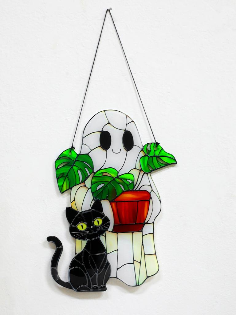 Cute Halloween Ghost Hanging Decor Acrylic Black Cat & Potted Plant Decortive Sun Catchers Window Ornament for Home & Party Gift