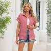 Fashionable Women's Plaid Pocket Collared Short-sleeved Shirt, Women's Button-down Shirt