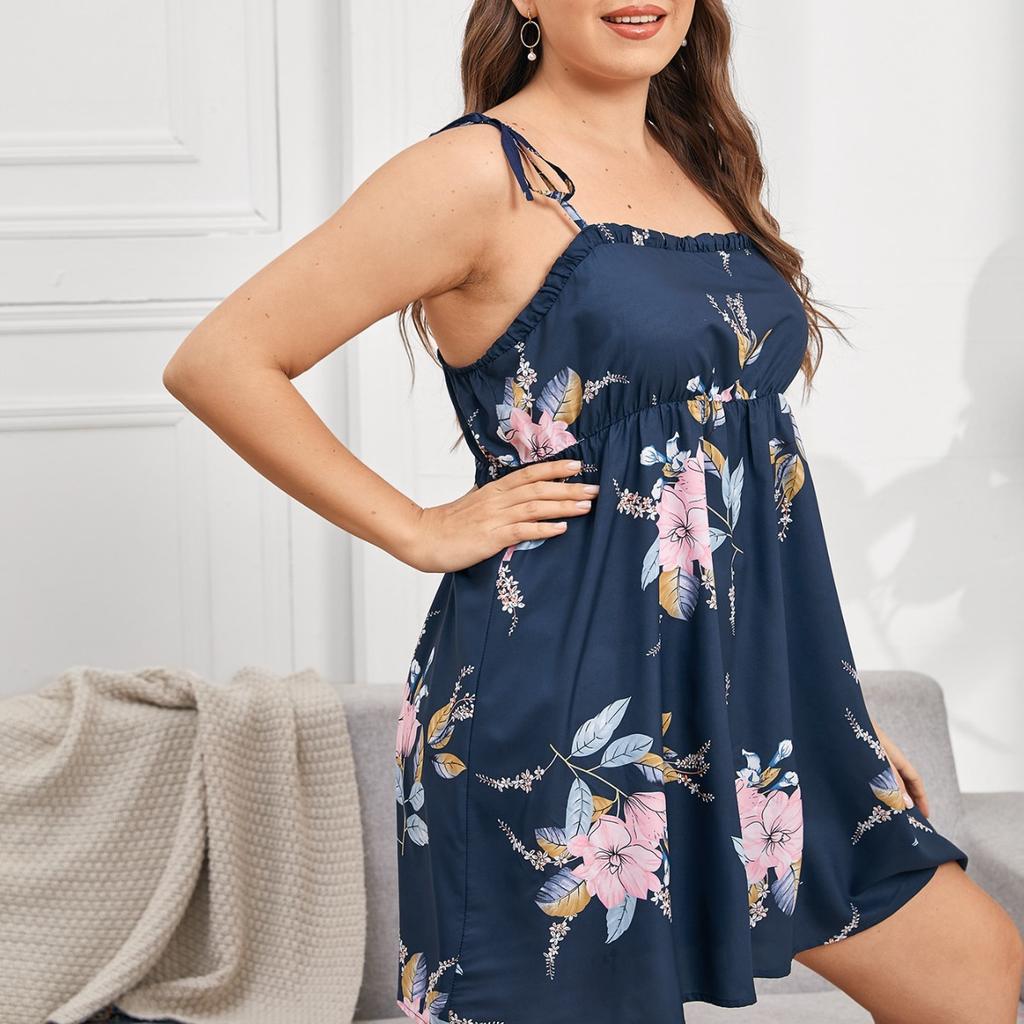 Летняя ночная рубашка большого размера, женская домашняя одежда, ночные рубашки с принтом, платья с лямкой на бретельках спереди, миди, плиссированная короткая юбка