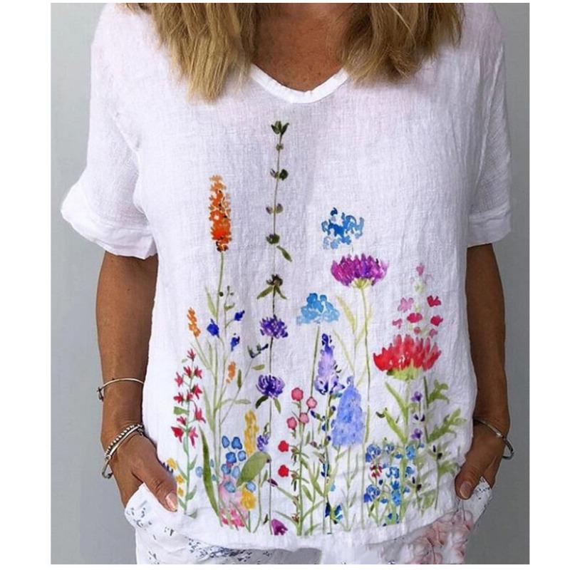 Весна и лето Новая женская футболка свободного покроя с 3D-цифровым принтом и покатым вырезом