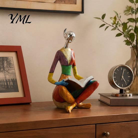 Creative Home Office Ornaments Abstract Reading Woman Statue, Metallic Head Colorful Lady Sculpture, Artistic Shelf Accents for Living Room