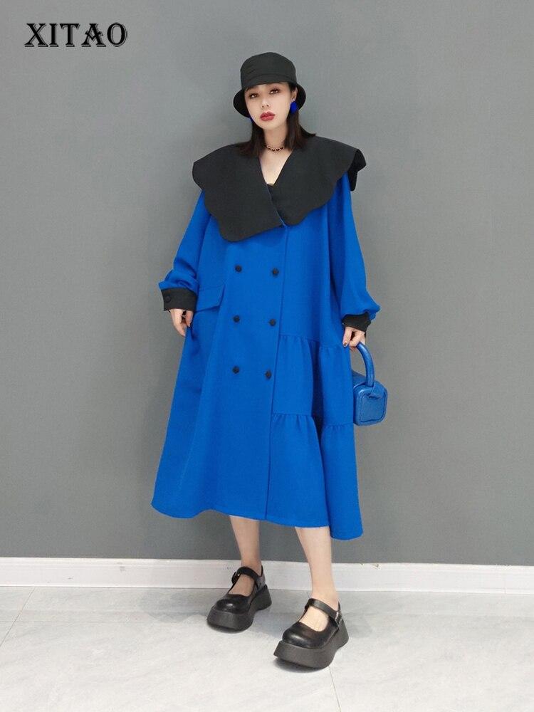 Xitao Fashion Contrast Color Patchwork Ruffled Collar Double Breasted Dress ZY7775